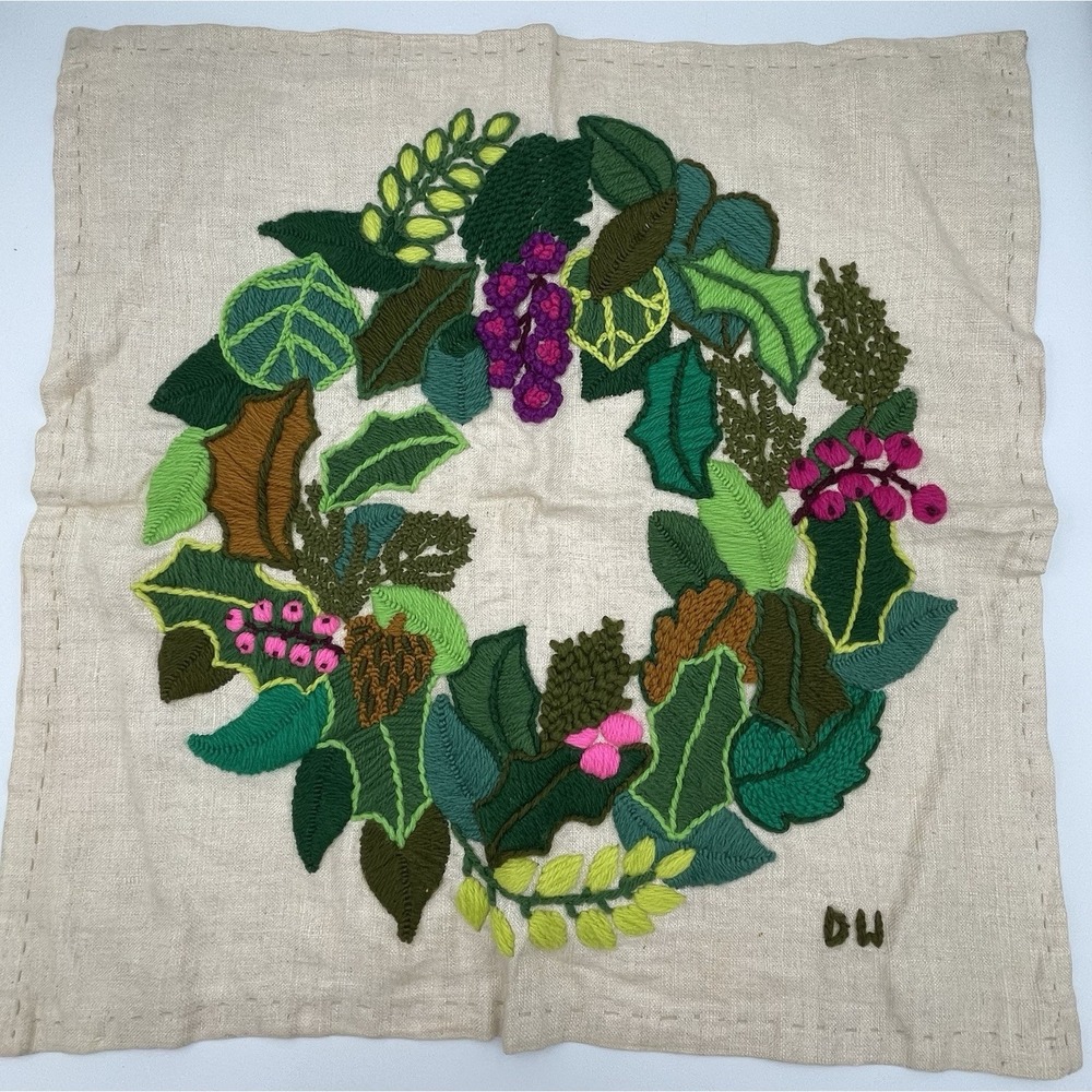 Handmade Crewel Embroidery Wreath Completed Panel 1970's Retro Floral Bohemian